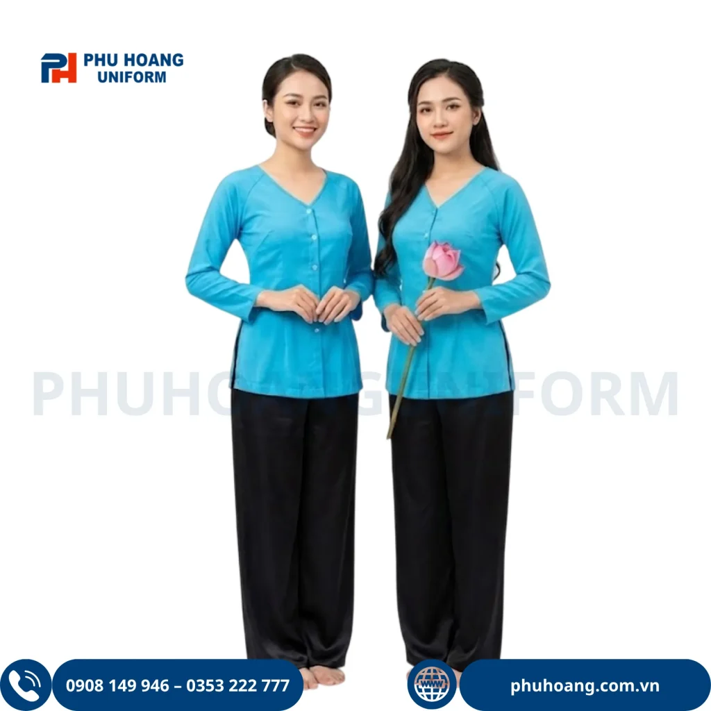 Áo Bà Ba Màu Xanh áo bà ba màu xanh ngọc thiết kế cổ tim tay dài phối quần lụa đen, đồng phục nhà hàng spa cao cấp của Phú Hoàng Uniform.