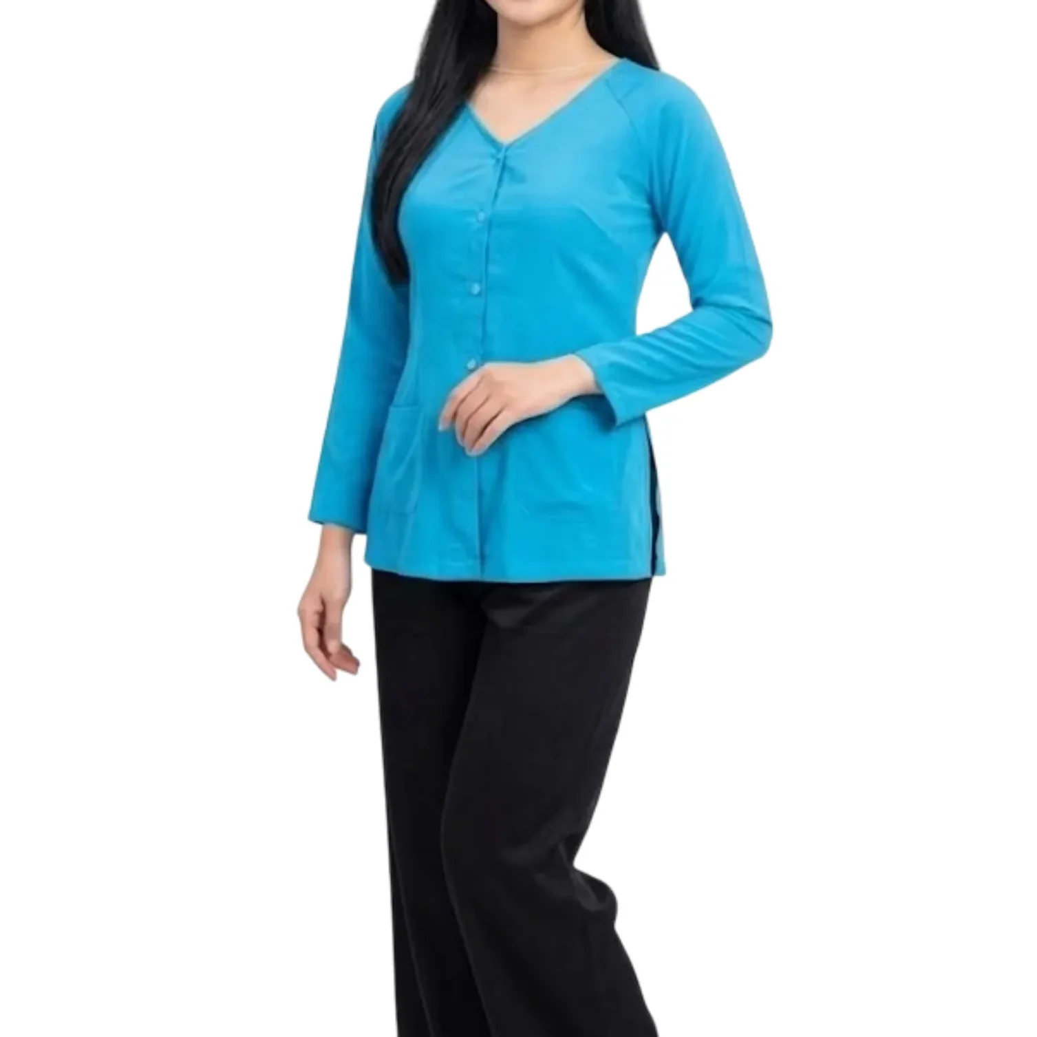 ao-ba-ba-may-san-001 (4) áo bà ba màu xanh ngọc thiết kế cổ tim tay dài phối quần lụa đen, đồng phục nhà hàng spa cao cấp của Phú Hoàng Uniform.