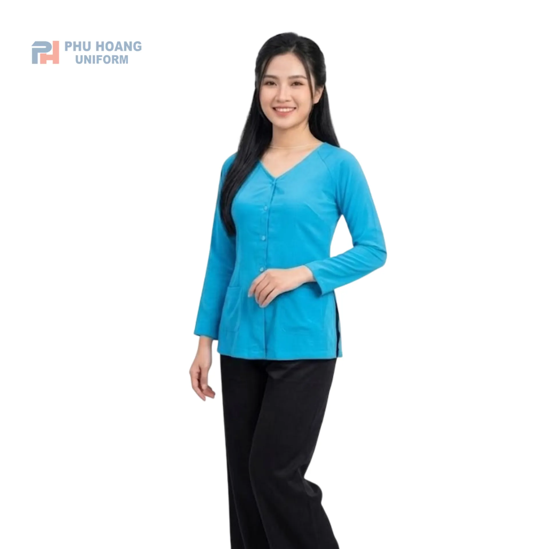 ao-ba-ba-may-san-001 (4) áo bà ba màu xanh ngọc thiết kế cổ tim tay dài phối quần lụa đen, đồng phục nhà hàng spa cao cấp của Phú Hoàng Uniform.