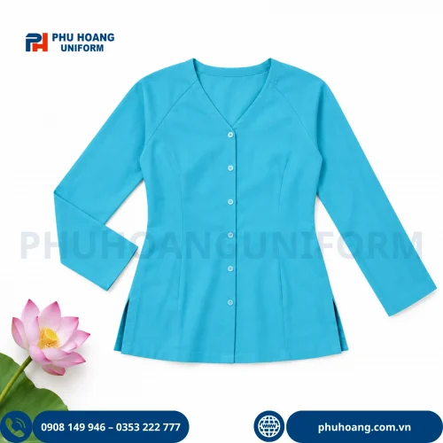 áo bà ba màu xanh ngọc thiết kế cổ tim tay dài phối quần lụa đen, đồng phục nhà hàng spa cao cấp của Phú Hoàng Uniform.