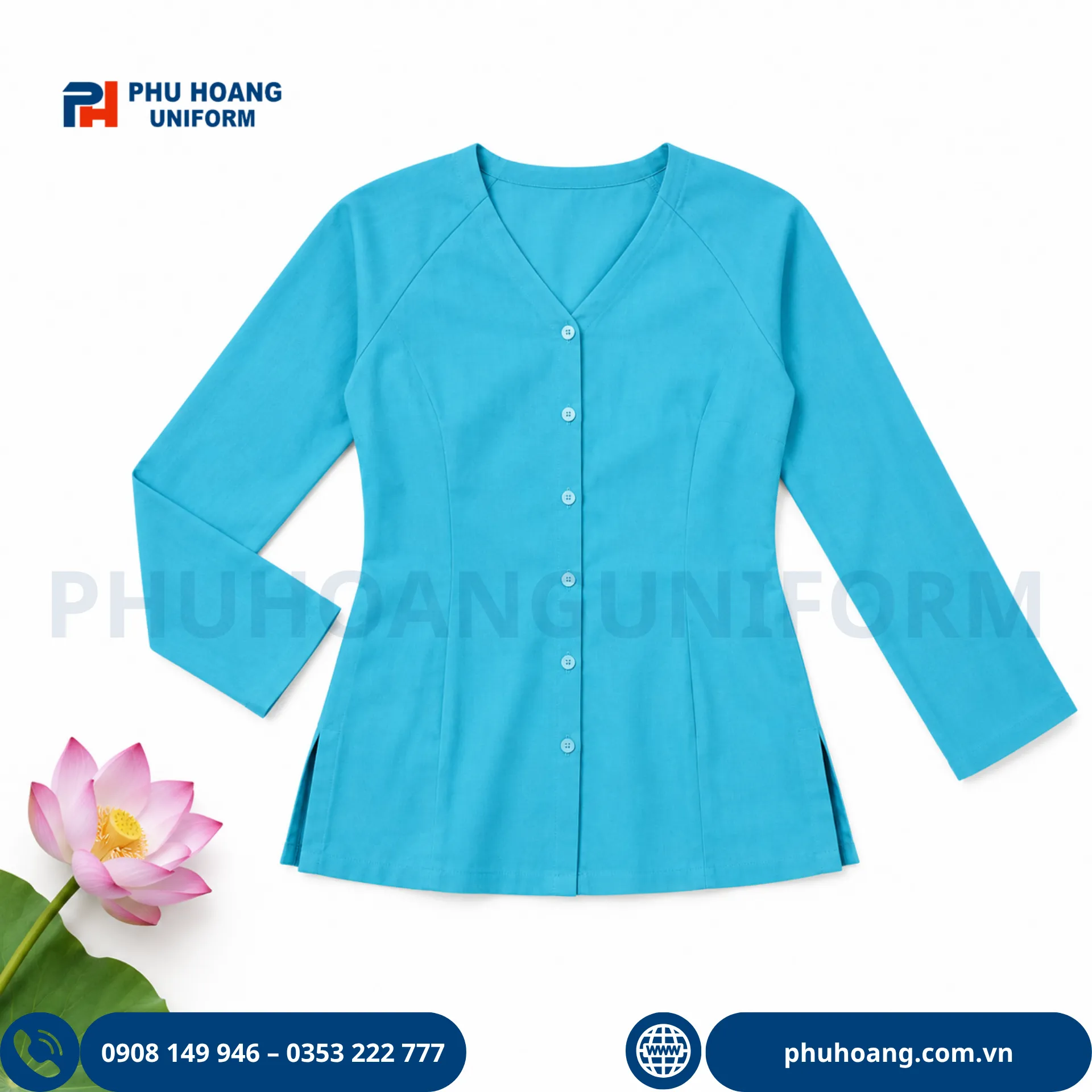 ao-ba-ba-may-san-001 (5) áo bà ba màu xanh ngọc thiết kế cổ tim tay dài phối quần lụa đen, đồng phục nhà hàng spa cao cấp của Phú Hoàng Uniform.