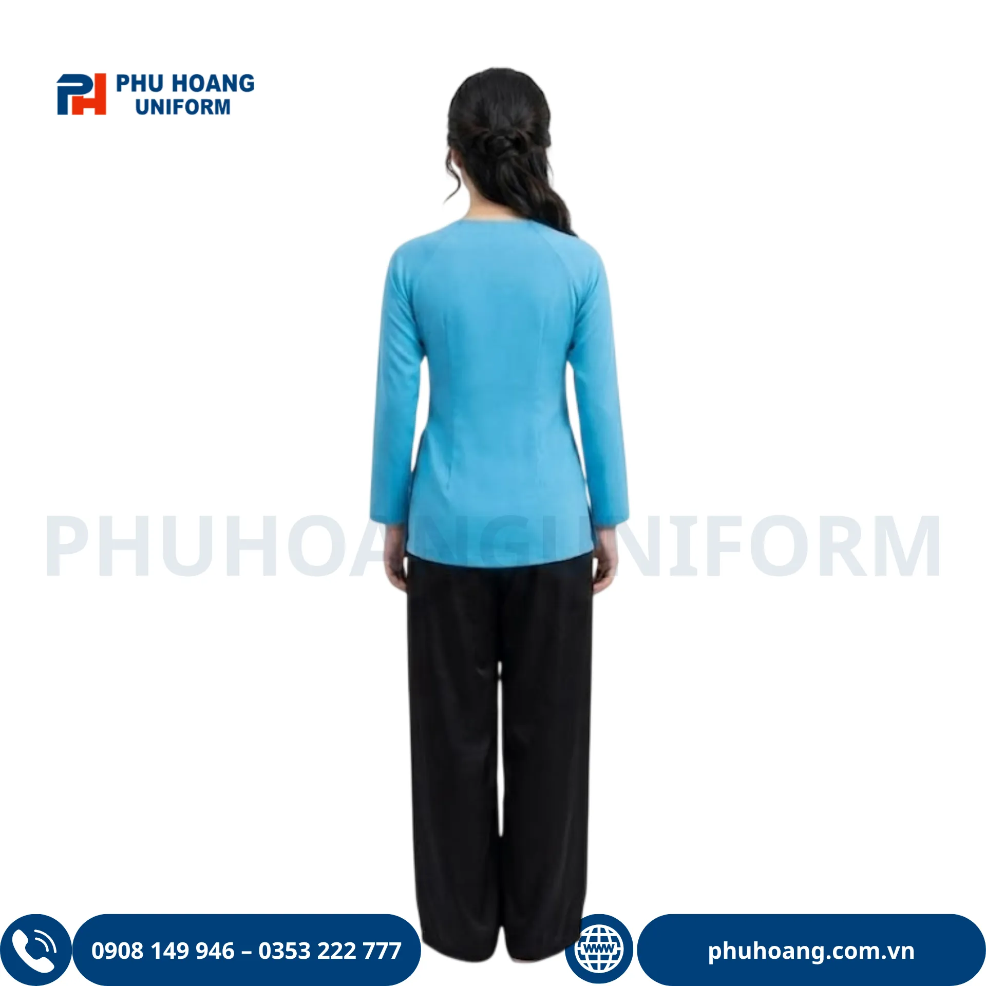 ao-ba-ba-may-san-001 áo bà ba màu xanh ngọc thiết kế cổ tim tay dài phối quần lụa đen, đồng phục nhà hàng spa cao cấp của Phú Hoàng Uniform.