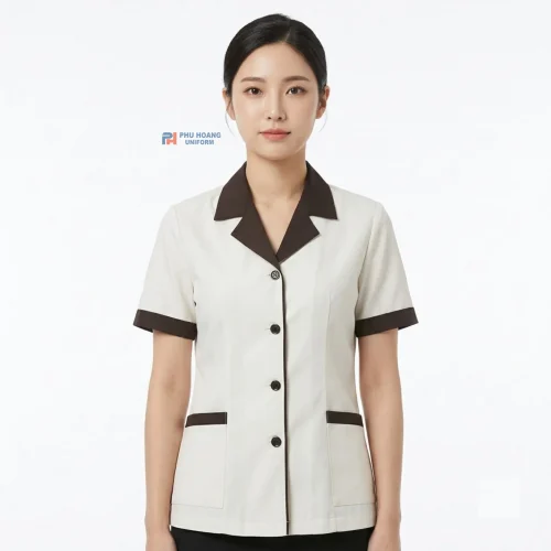 Áo Tạp Vụ Cổ Bẻ Màu Kem Phối Viền Nâu