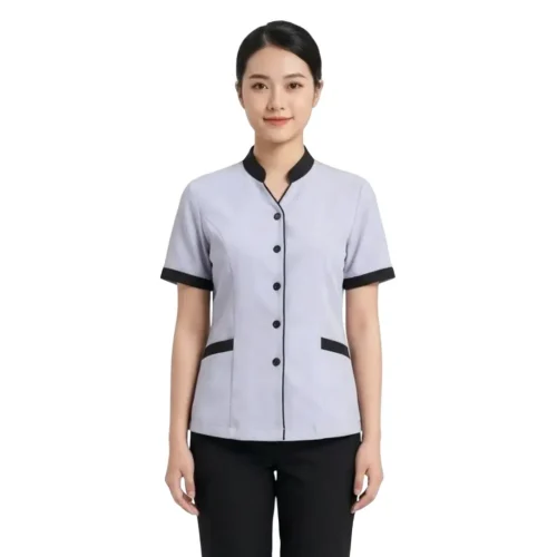 Áo tạp vụ màu xám viền nâu may sẵn 002-200