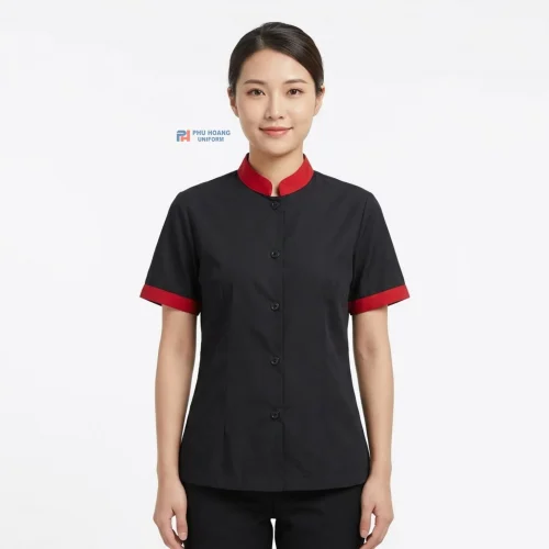 Áo Tạp Vụ Đen Phối Viền Đỏ