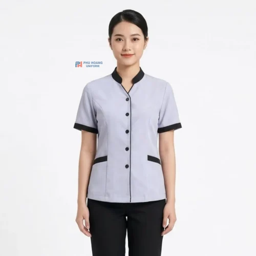 Áo tạp vụ màu xám viền nâu may sẵn 002-200