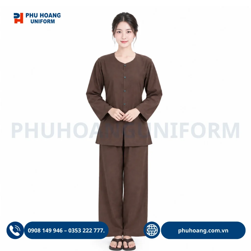 Bộ đồ bà ba màu nâu may sẵn do Phú Hoàng sản xuất Bộ đồ bà ba màu nâu may sẵn, kiểu dáng truyền thống, lịch sự, phù hợp biểu diễn, sự kiện và đồng phục.