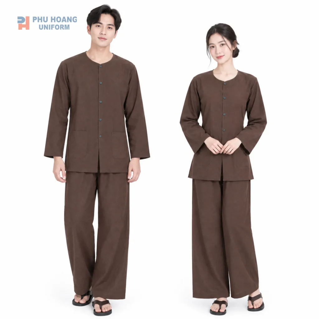 Bộ đồ bà ba màu nâu may sẵn, kiểu dáng truyền thống, lịch sự, phù hợp biểu diễn, sự kiện và đồng phục.