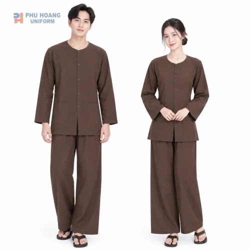 Bộ đồ bà ba màu nâu may sẵn, kiểu dáng truyền thống, lịch sự, phù hợp biểu diễn, sự kiện và đồng phục.