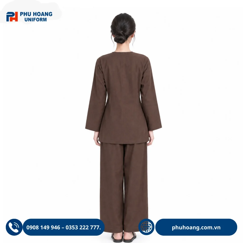 Bộ đồ bà ba màu nâu may sẵn do Phú Hoàng sản xuất Bộ đồ bà ba màu nâu may sẵn, kiểu dáng truyền thống, lịch sự, phù hợp biểu diễn, sự kiện và đồng phục.