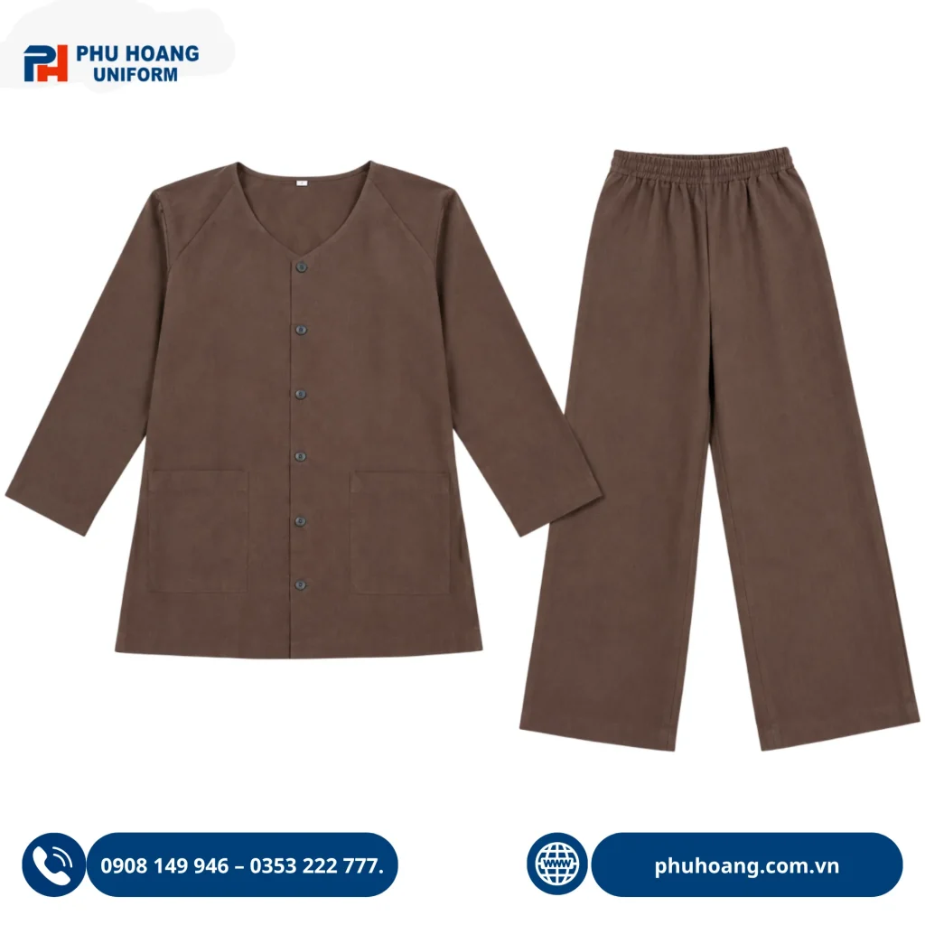 Bộ đồ bà ba màu nâu may sẵn do Phú Hoàng sản xuất Bộ đồ bà ba màu nâu may sẵn, kiểu dáng truyền thống, lịch sự, phù hợp biểu diễn, sự kiện và đồng phục.