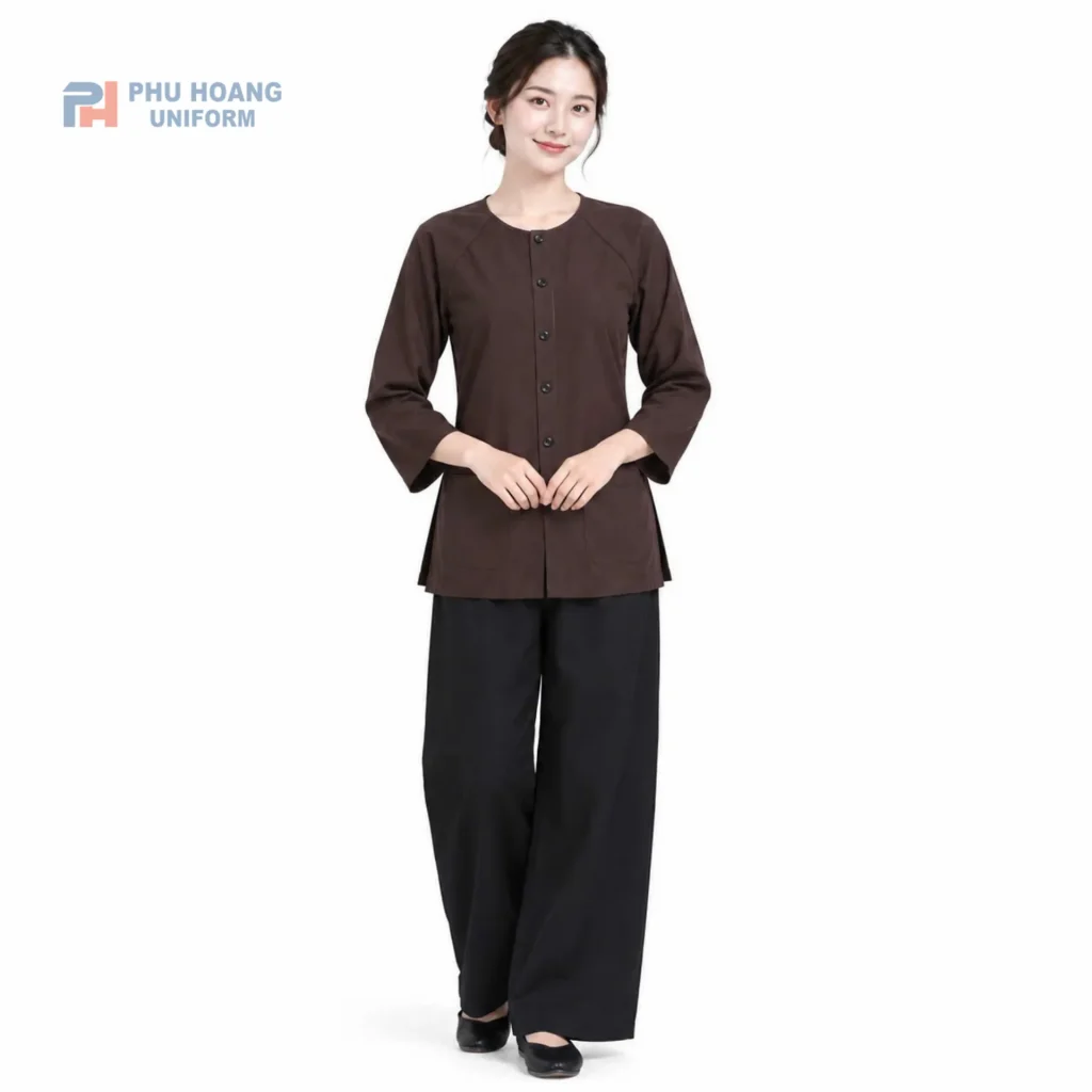 Bộ bà ba màu nâu quần đen vải kate cao cấp Đặt mua bộ bà ba màu nâu quần đen vải kate cao cấp tại Phú Hoàng Uniform. Thiết kế truyền thống, thấm hút mồ hôi, đường may sắc sảo. Hotline: 0353.222.777.