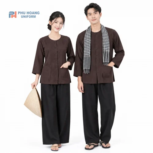Đặt mua bộ bà ba màu nâu quần đen vải kate cao cấp tại Phú Hoàng Uniform. Thiết kế truyền thống, thấm hút mồ hôi, đường may sắc sảo. Hotline: 0353.222.777.