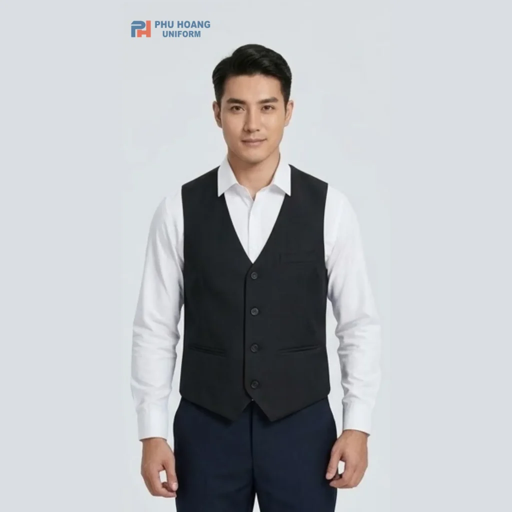 Áo gile nam đen cashmere cao cấp phối áo sơ mi trắng tại Phú Hoàng Uniform áo gile màu đen