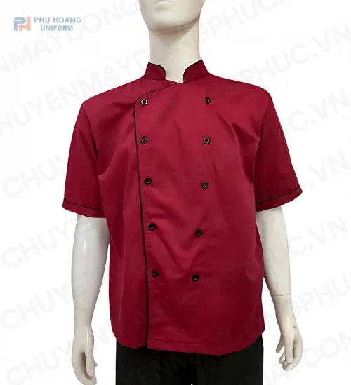 Phú Hoàng áo bếp màu đỏ viền đen nút đen