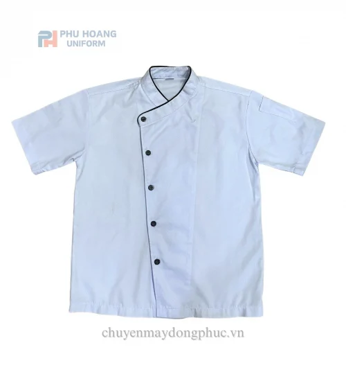 Phú Hoàng áo bếp trắng viền đen nút chéo
