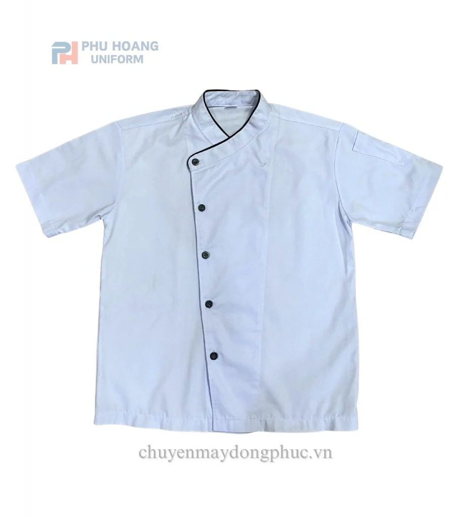 Phú Hoàng áo bếp trắng viền đen nút chéo