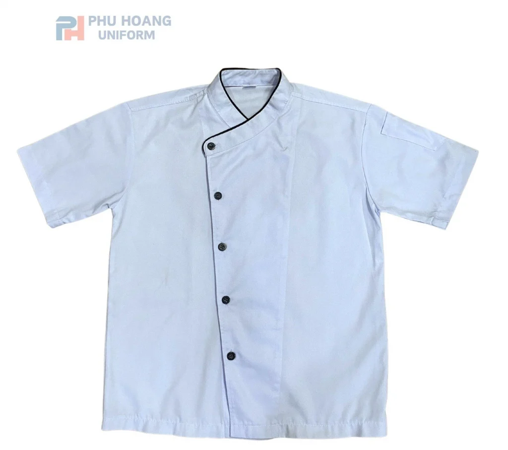 Áo Bếp Trắng Viền Đen, 1 Hàng Cúc Lệch Chéo