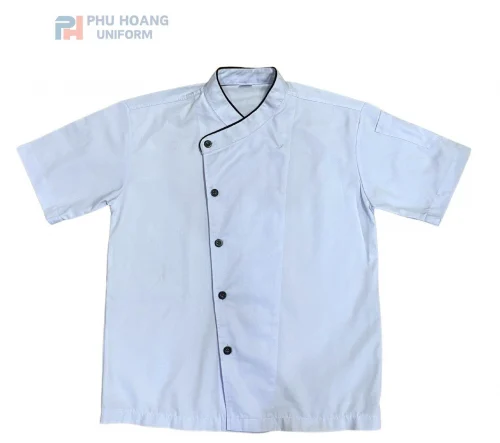 Áo Bếp Trắng Viền Đen, 1 Hàng Cúc Lệch Chéo