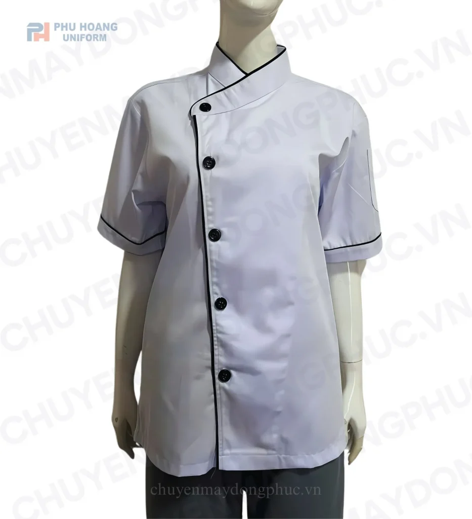 Phú Hoàng áo bếp trắng viền đen nút chéo