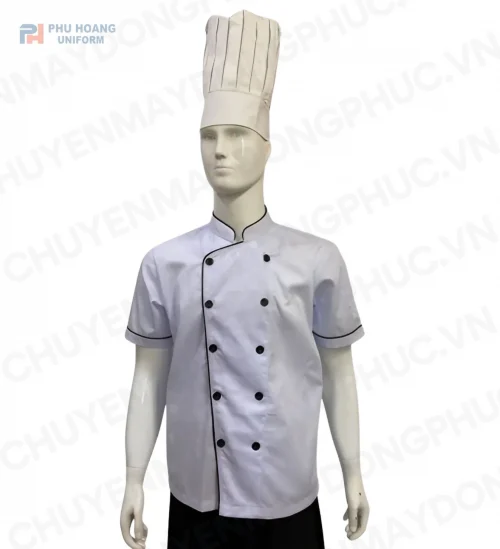 Phú Hoàng áo bếp trắng viền đen nút đen