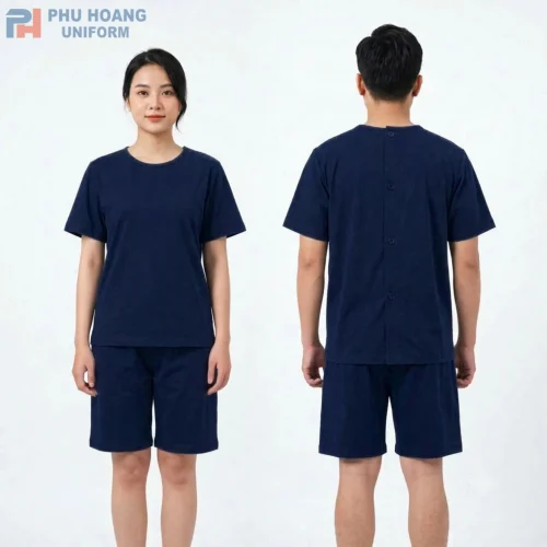 Bộ quần áo spa nút sau lưng màu xanh đen