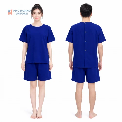 Bộ quần áo spa nút sau lưng màu xanh dương