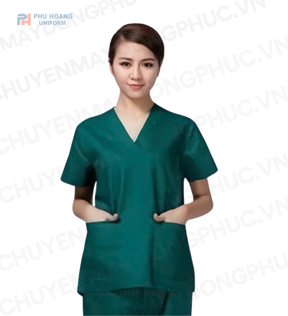 Áo bác sĩ cổ tim màu xanh ngọc - thiết kế hiện đại, thoải mái cho bác sĩ.