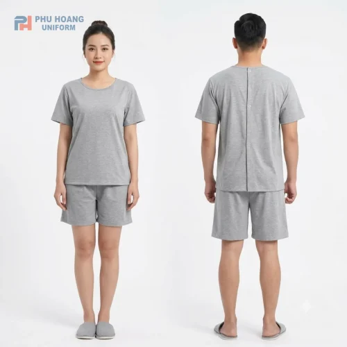 Bộ quần áo spa nút sau lưng màu xám