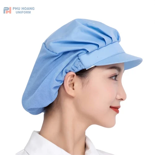 Nón vải thủy sản trùm đầu màu xanh thiết kế phối lưới thoáng khí giúp chống rụng tóc 100%
