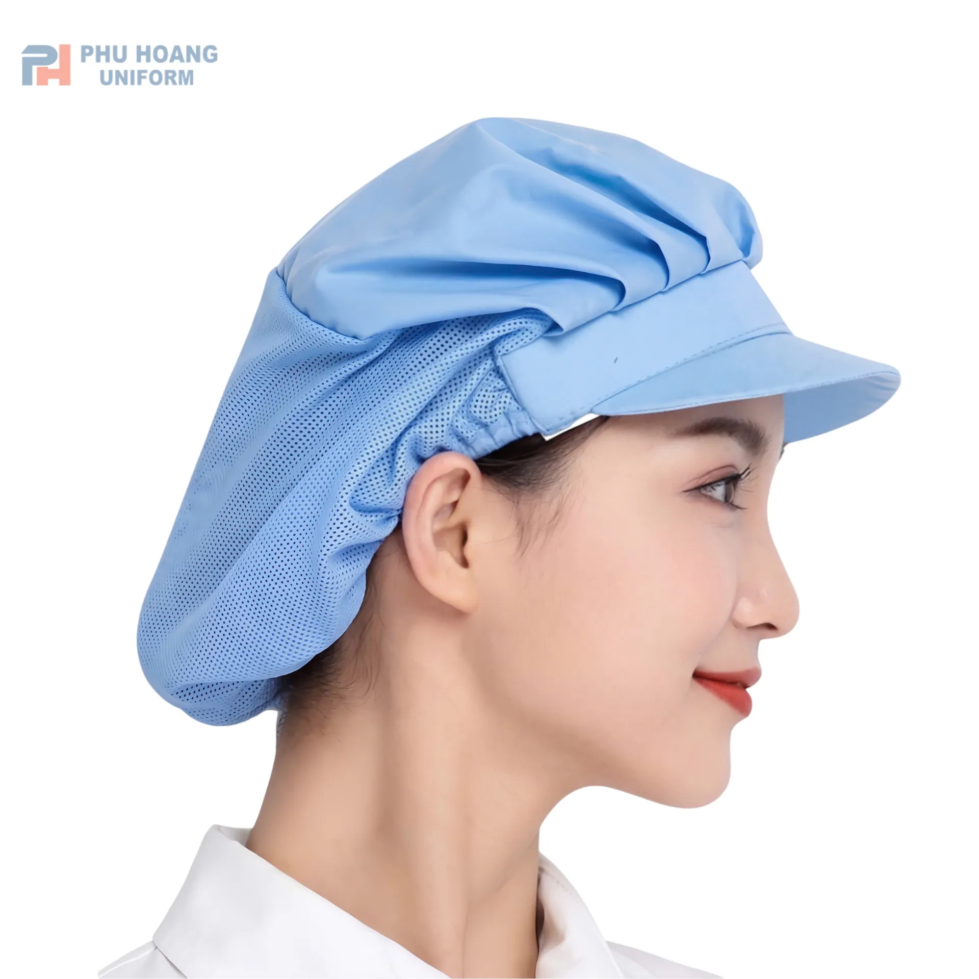 non-thuy-san-mau-xanh-may-san (1) Nón vải thủy sản trùm đầu màu xanh thiết kế phối lưới thoáng khí giúp chống rụng tóc 100%