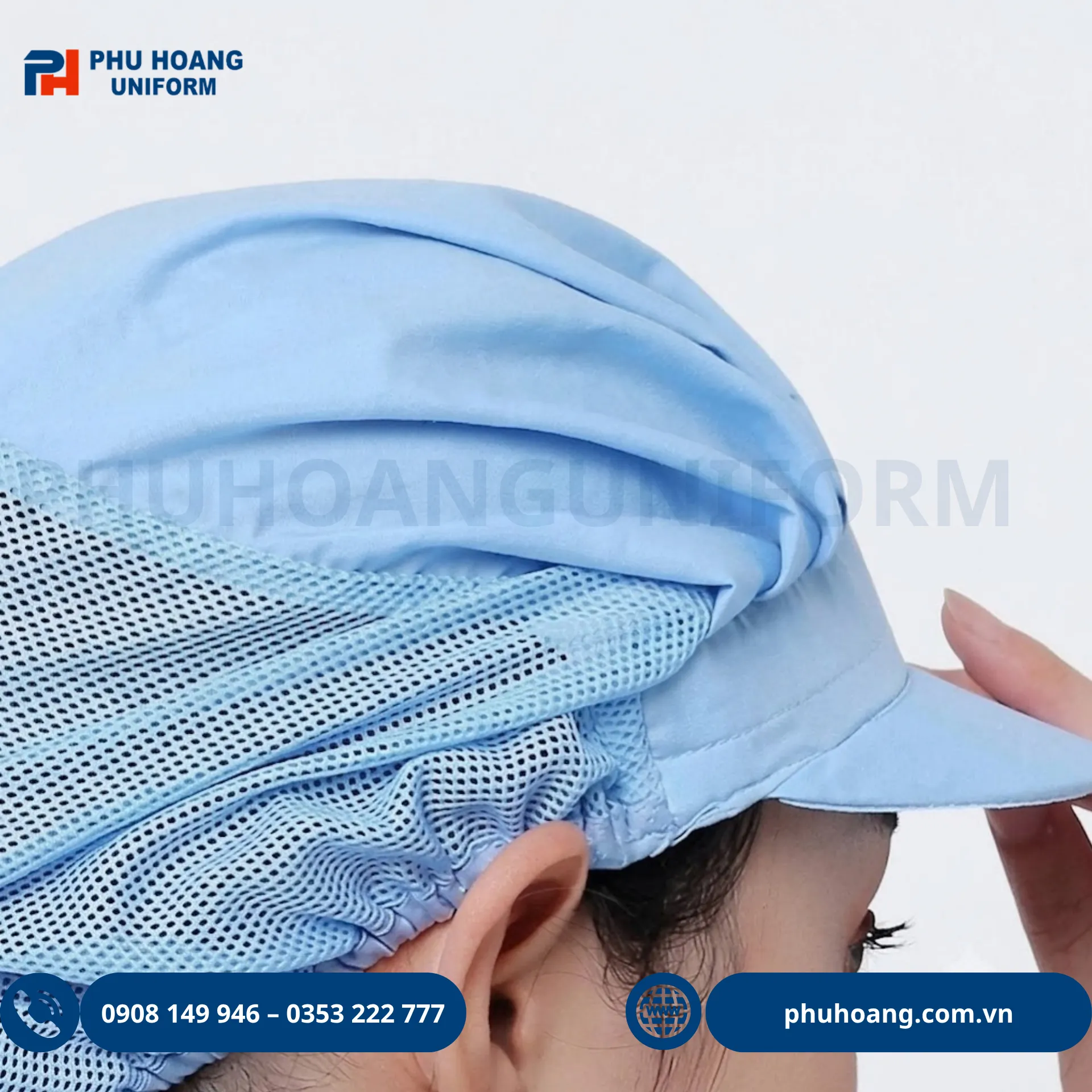 non-thuy-san-mau-xanh-may-san (4) Nón vải thủy sản trùm đầu màu xanh thiết kế phối lưới thoáng khí giúp chống rụng tóc 100%