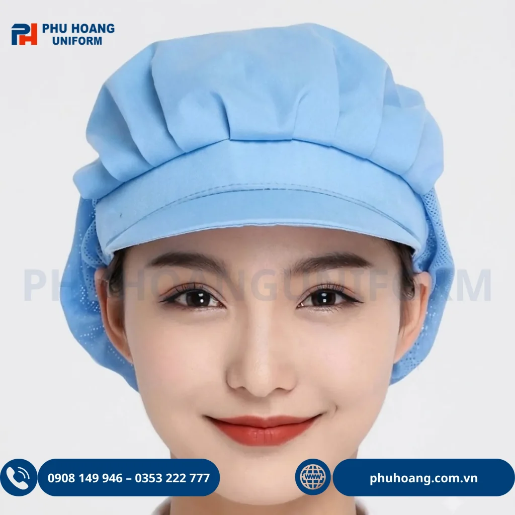 Nón Vải Thủy Sản Trùm Đầu Màu Xanh - Phú Hoàng Nón vải thủy sản trùm đầu màu xanh thiết kế phối lưới thoáng khí giúp chống rụng tóc 100%