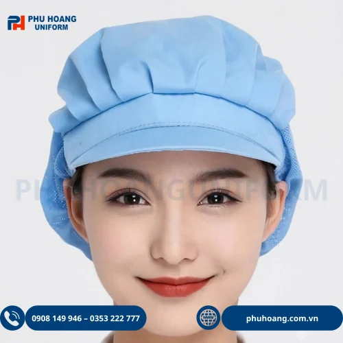 Nón vải thủy sản trùm đầu màu xanh thiết kế phối lưới thoáng khí giúp chống rụng tóc 100%
