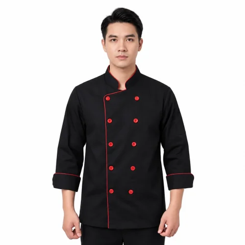 ÁO BẾP TAY DÀI ĐEN VIỀN ĐỎ