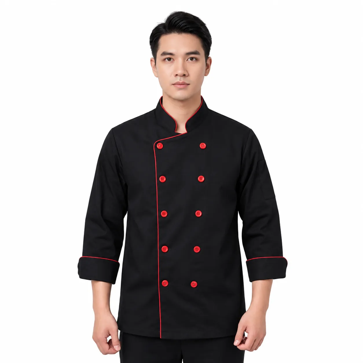 ao-bep-tay-dai-den-nut-bam-011-ao-bep-den-cuc-do-1-1 ÁO BẾP TAY DÀI ĐEN VIỀN ĐỎ