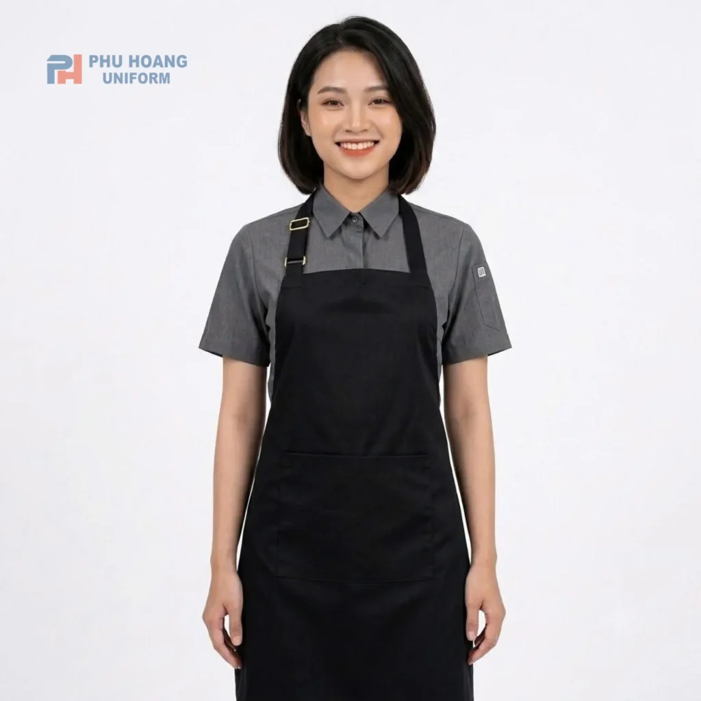 TẠP DỀ YẾM CÓ TĂNG ĐƯA MÀU ĐEN Tạp dề yếm có tặng đưa màu đen, thiết kế gọn gàng, tiện dụng, phù hợp làm đồng phục nhà hàng, quán ăn, quán cà phê.