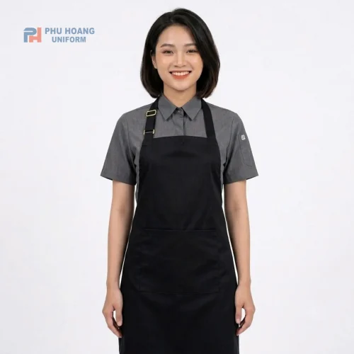 Tạp dề yếm có tặng đưa màu đen, thiết kế gọn gàng, tiện dụng, phù hợp làm đồng phục nhà hàng, quán ăn, quán cà phê.
