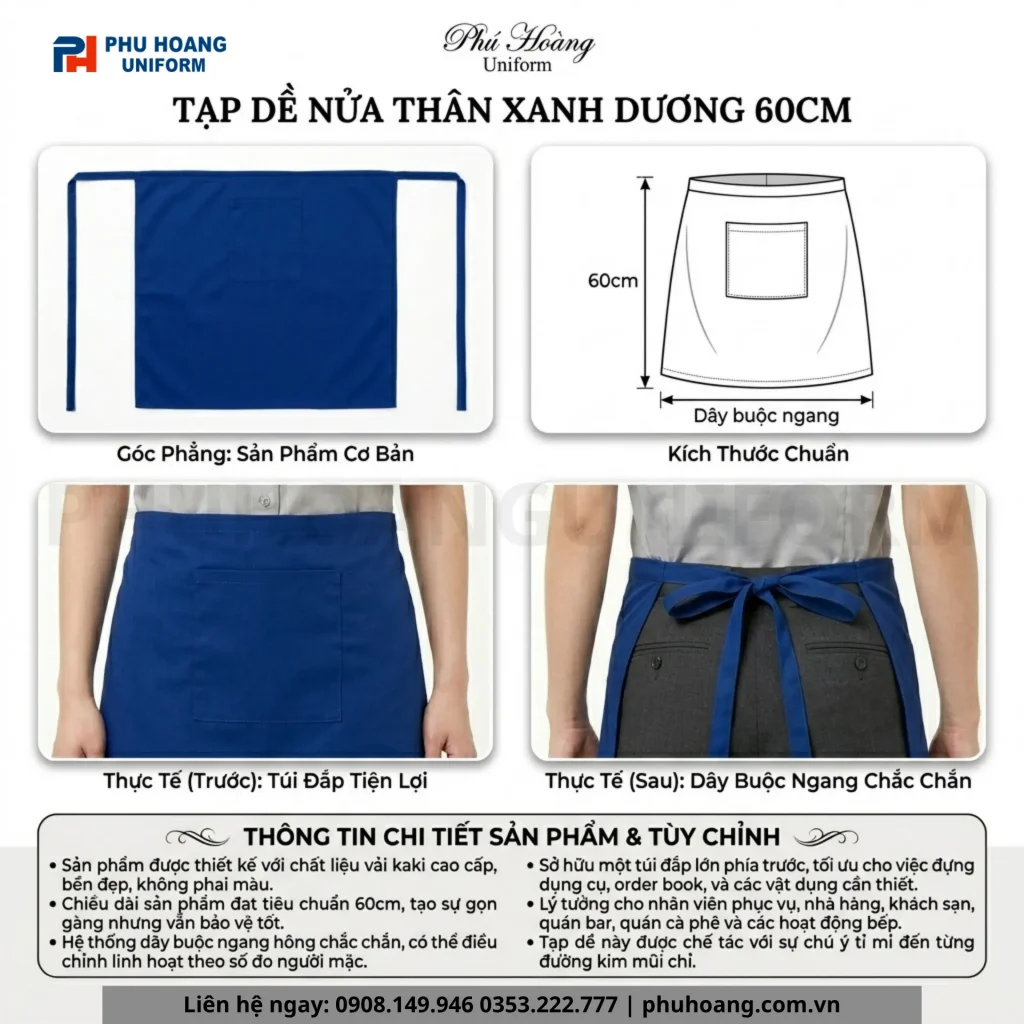 Tạp Dề Ngắn Màu Xanh Coban Cao Cấp