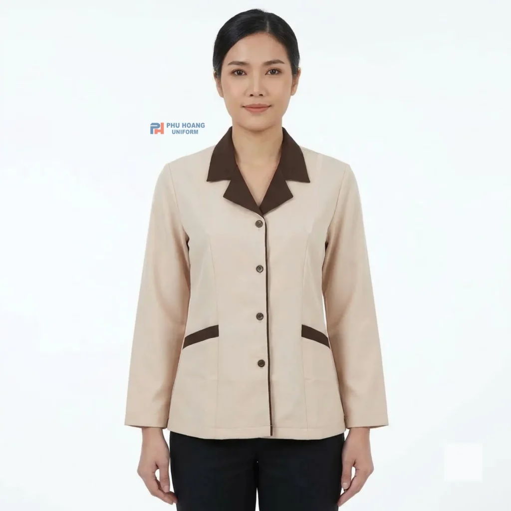 Áo Tạp Vụ Tay Dài Kem Phối Nâu Áo Tạp Vụ Tay Dài Kem Phối Nâu