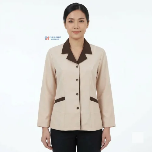 Áo Tạp Vụ Tay Dài Kem Phối Nâu