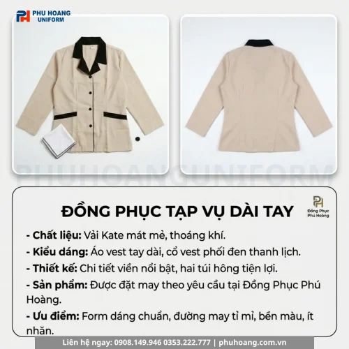 Áo Tạp Vụ Tay Dài Kem Phối Nâu