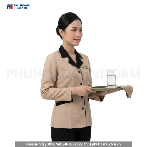 Áo Tạp Vụ Tay Dài Kem Phối Nâu