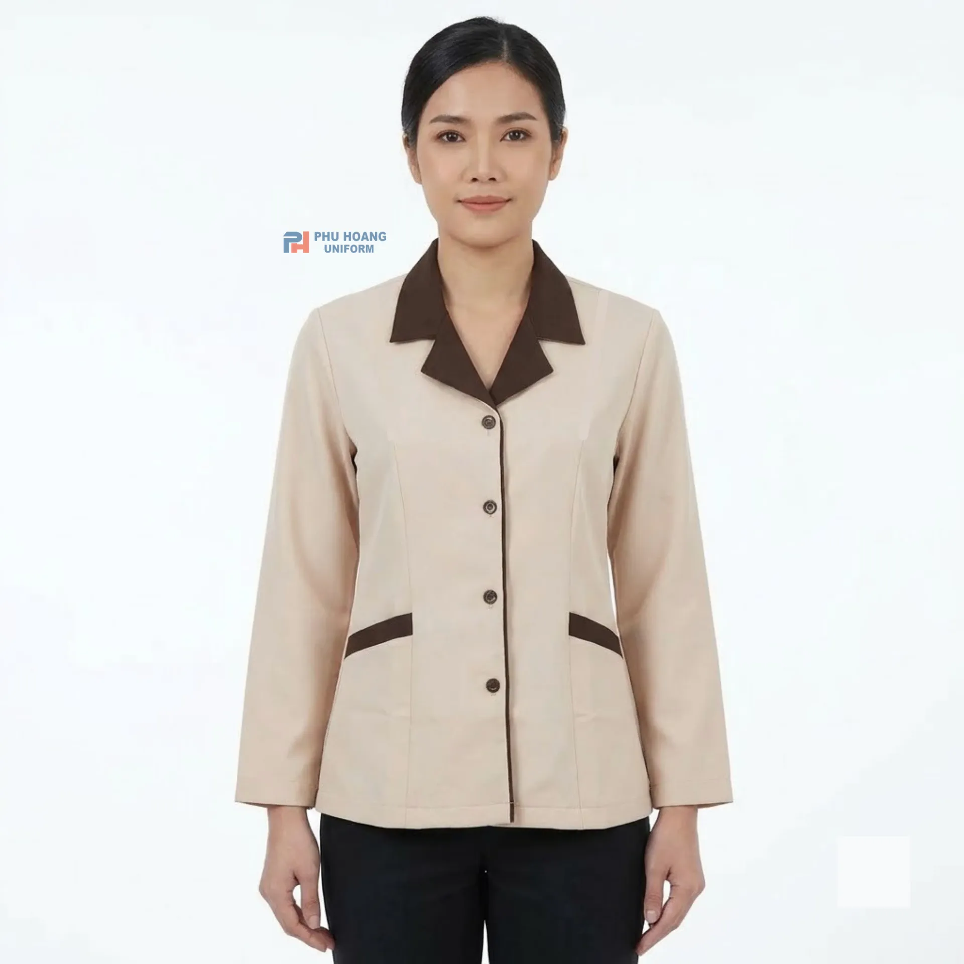 ao-tap-vu-tay-dai-kem-phoi-nau Áo Tạp Vụ Tay Dài Kem Phối Nâu