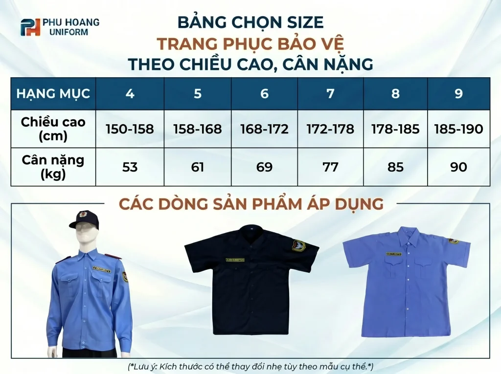 Bảng chọn size trang phục bảo vệ
