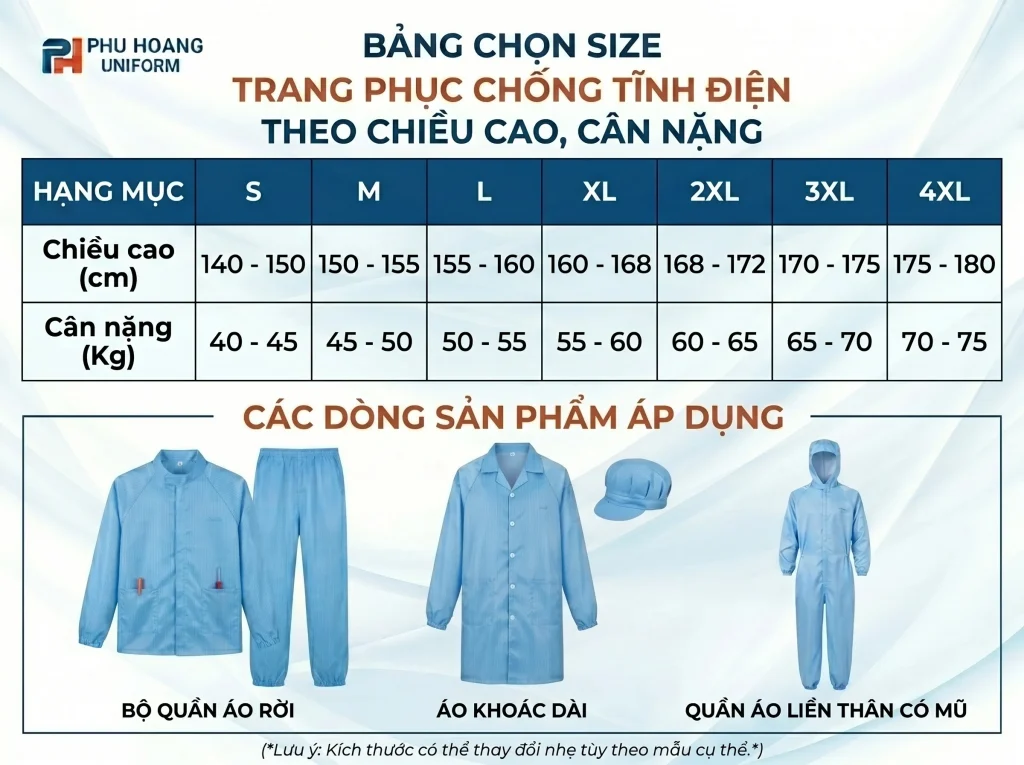 Bảng chọn size trang phục tĩnh điện