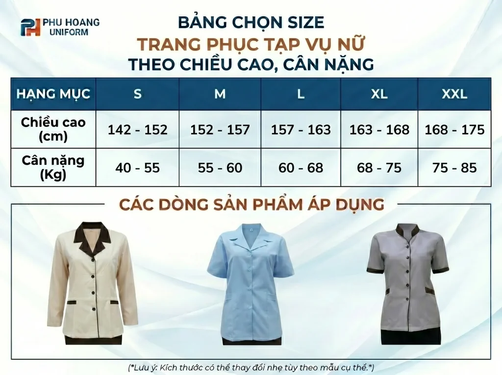 Bảng chọn size trang phục tạp vụ