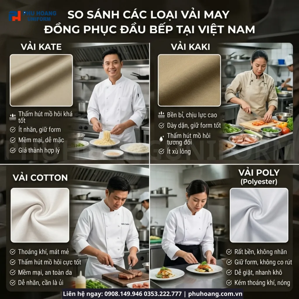Vải May Áo Bếp Loại Nào Tốt Nhất? So Sánh Kate, Kaki, Cotton, Poly