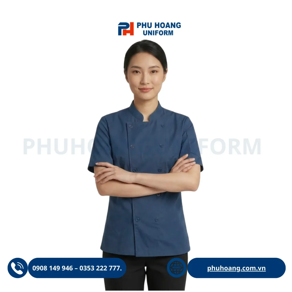 Hình ảnh cận cảnh mẫu áo bếp tay ngắn 2 hàng nút màu xanh dương đậm (navy) phối viền đỏ sang trọng.