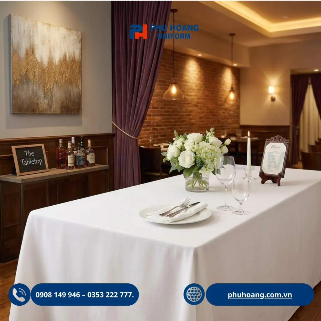 Hình ảnh dịch vụ cho thuê khăn trải bàn màu trắng chất lượng cao tại xưởng Phú Hoàng. Chúng tôi cung cấp đa dạng mẫu khăn tròn, khăn chữ nhật và khăn tiệc cocktail với chất liệu gấm hoặc Kate cao cấp, phẳng phiu, sạch sẽ tuyệt đối.